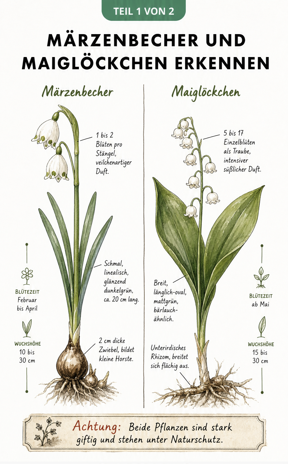 Botanische Illustration von Märzenbecher und Maiglöckchen mit Details zu Blüten, Blättern und Wurzeln