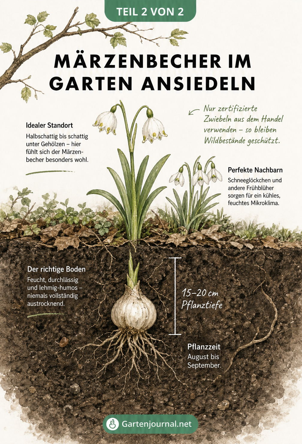 Querschnitt durch den Gartenboden mit einer Märzenbecher-Zwiebel in 15 bis 20 cm Pflanztiefe, umgeben von Schneeglöckchen im Halbschatten