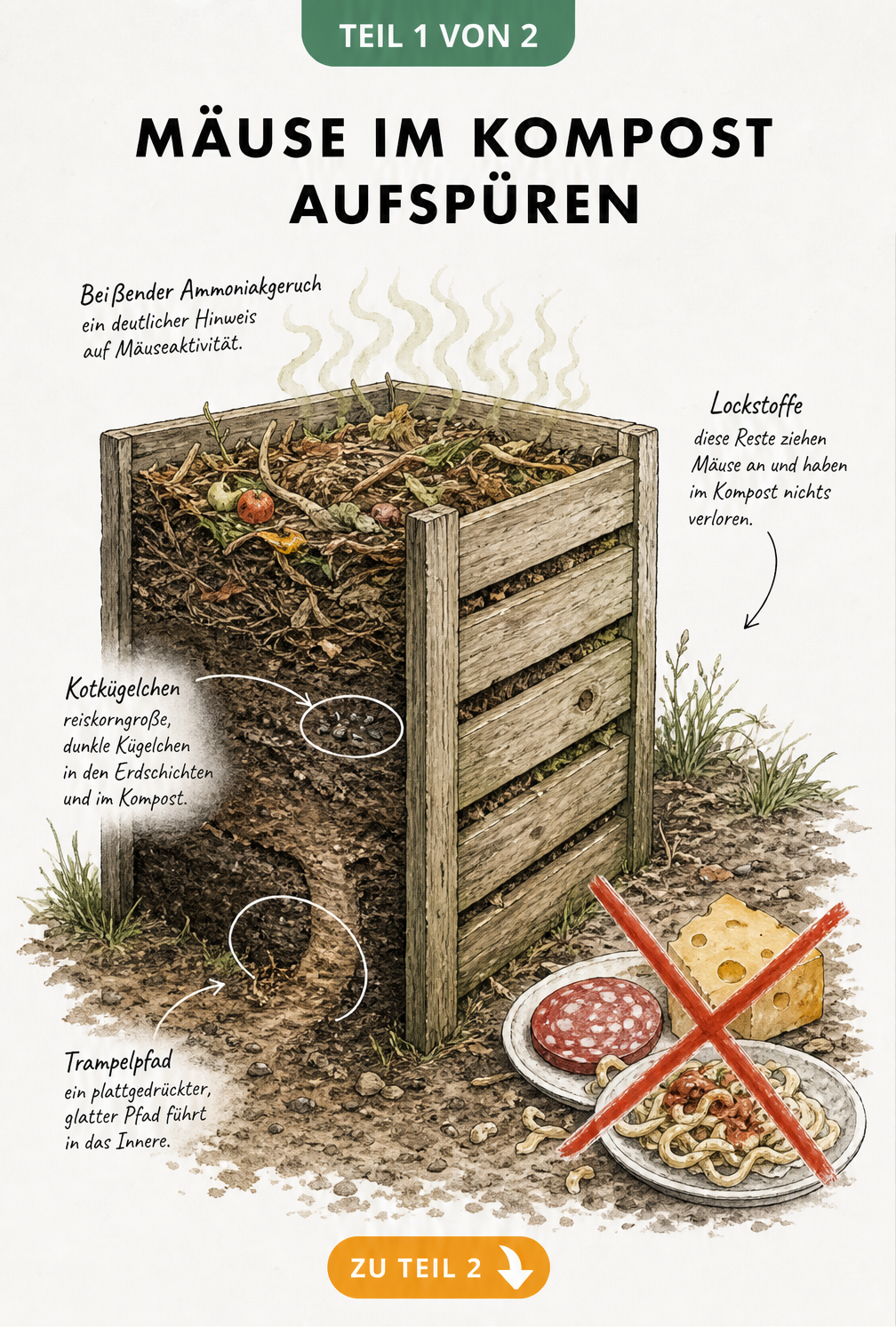 Schnittdarstellung eines Holzkomposters mit Mäusespuren wie Kot und Trampelpfaden sowie falschen Abfällen wie Käse und Wurst