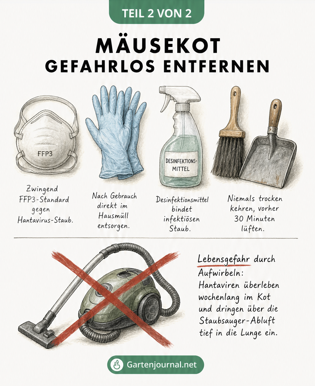 Übersicht der benötigten Schutzausrüstung wie FFP3-Maske, Handschuhe und Desinfektionsmittel zur Entfernung von Mäusekot