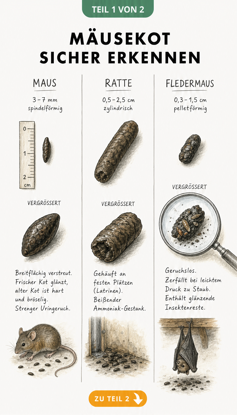 Illustration von Mäusekot, Rattenkot und Fledermauskot im Vergleich mit Größenangaben und Merkmalen