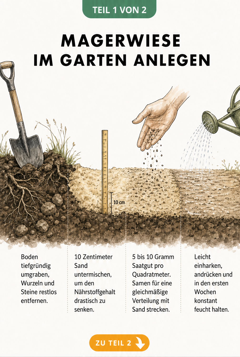 Illustration eines Bodenquerschnitts: Umgraben, Sand untermischen und Saatgut mit Sand gestreckt aussäen für eine Magerwiese.
