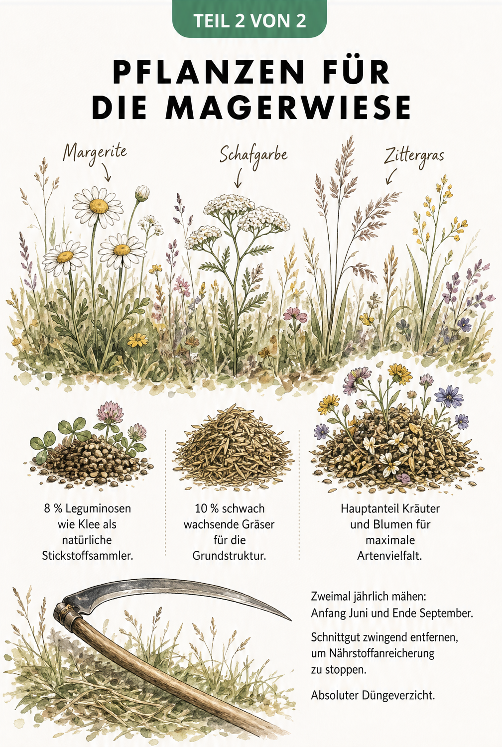 Botanische Zeichnung von Margerite, Schafgarbe und Zittergras mit Aufschlüsselung der idealen Samenmischung und Pflegehinweisen.