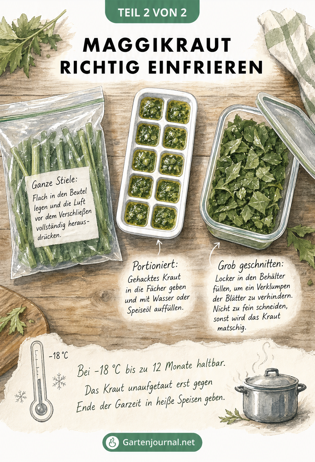 Illustration von drei Methoden zum Einfrieren von Maggikraut: ganze Stiele im Gefrierbeutel, portioniert im Eiswürfelbehälter und grob geschnitten in der...