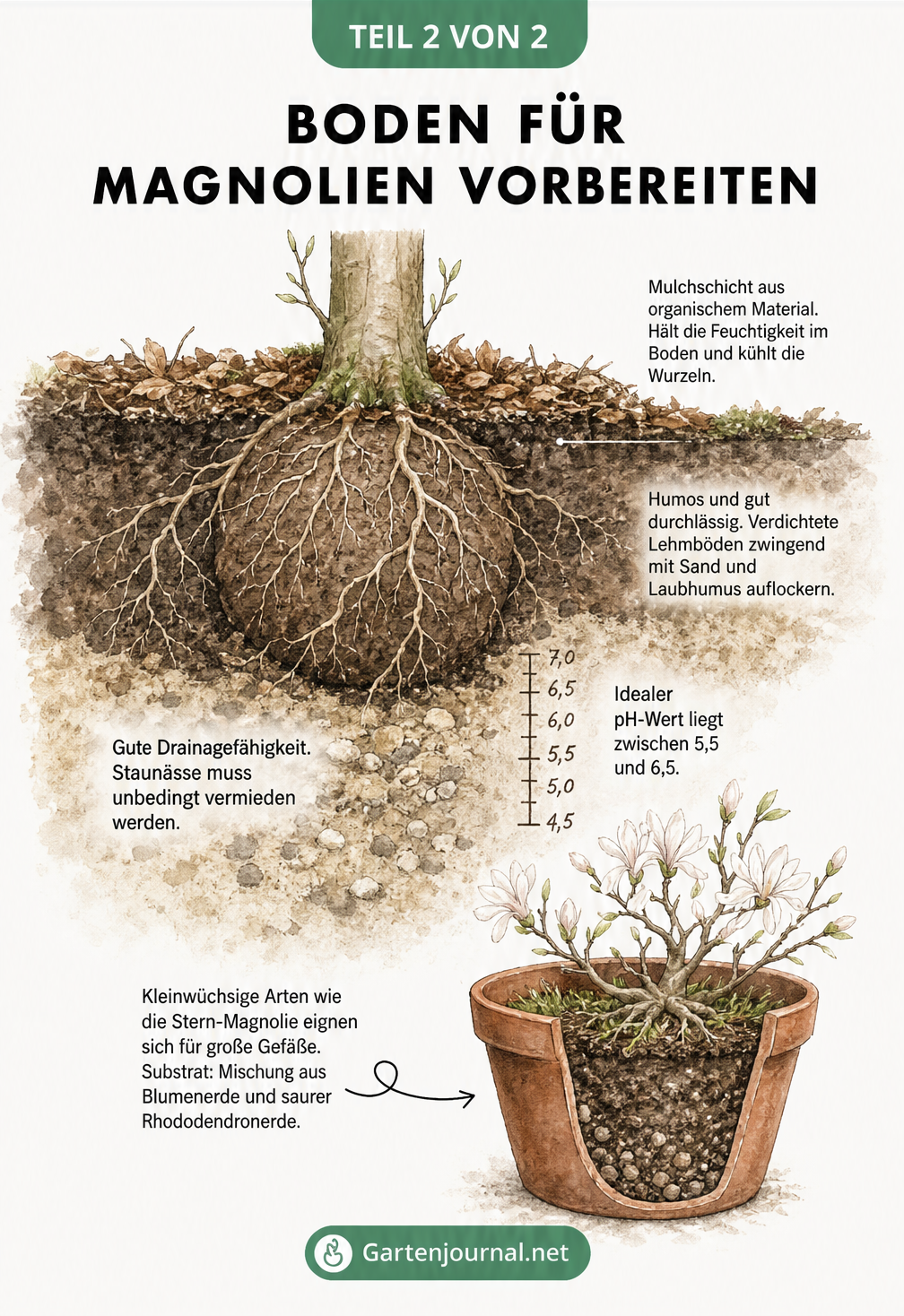 Querschnitt des Bodens unter einer Magnolie mit Erdschichten, Mulch und Hinweisen zur Drainage