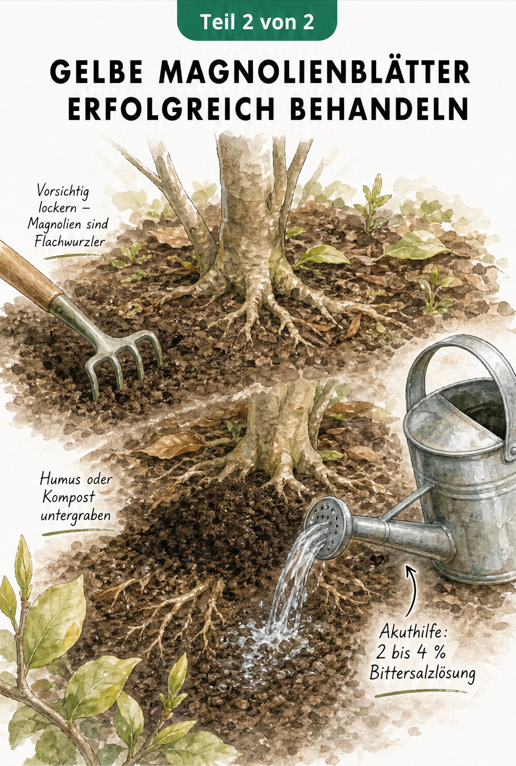 Illustration zur Behandlung von Magnolien: Boden lockern, Humus einarbeiten und mit Bittersalzlösung gießen