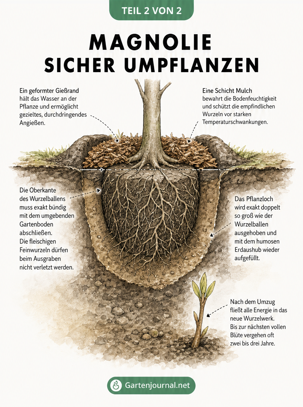Querschnitt durch das Erdreich beim Einpflanzen einer Magnolie mit Gießrand, Mulchschicht und Wurzelballen.