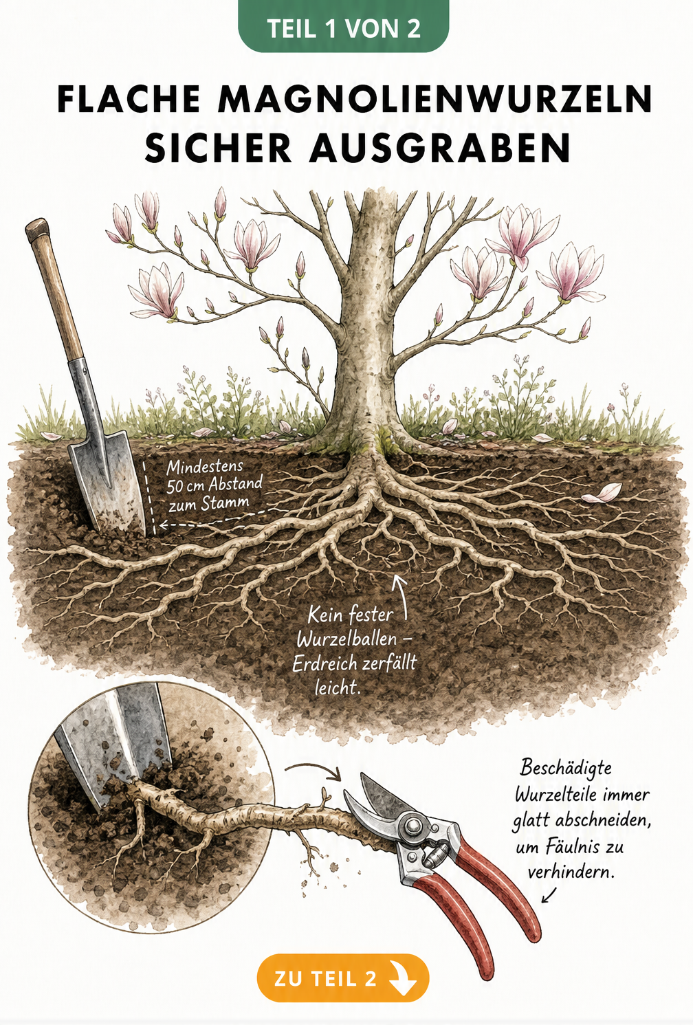 Botanische Querschnitt-Ansicht des Bodens unter einer Magnolie, die flache Wurzeln und das glatte Abtrennen mit einer Gartenschere zeigt.