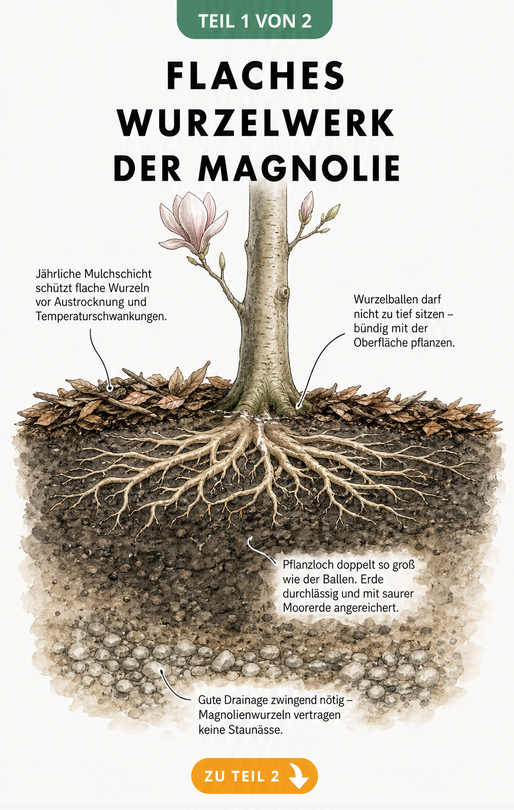 Botanische Illustration des flachen Wurzelwerks einer Magnolie mit Rindenmulch und Drainage im Querschnitt