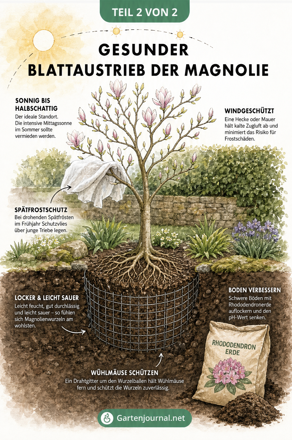 Illustration einer gesunden Magnolie mit optimalem Standort, Frostschutzvlies, durchlässigem Boden und Wühlmausgitter