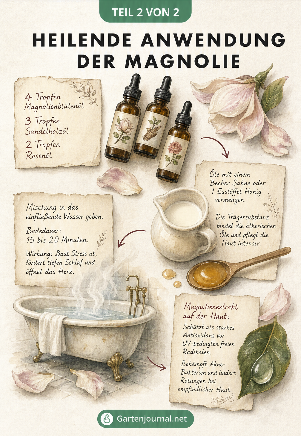 Apotheker-Flatlay mit Glasfläschchen, Honig, Sahne und Magnolienblüten zur Herstellung eines Heilbades