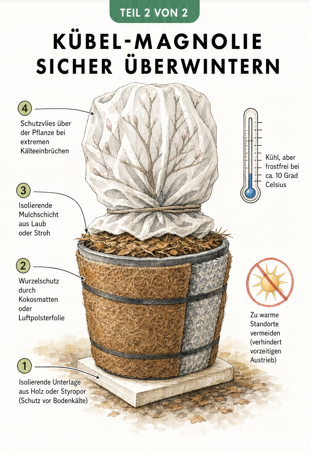 Illustration einer Kübel-Magnolie mit Winterschutz aus isolierender Unterlage, Kokosmatten um den Topf, Mulchschicht und Schutzvlies über der Krone.