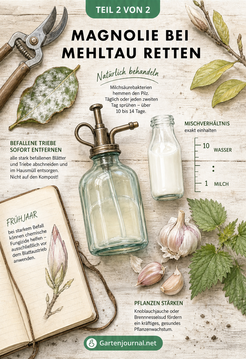 Flat-Lay-Illustration auf einer Gärtner-Werkbank mit Gartenschere, befallenem Magnolienblatt, Sprühflasche, Milch, Knoblauch und Brennnessel zur Behandlung von...