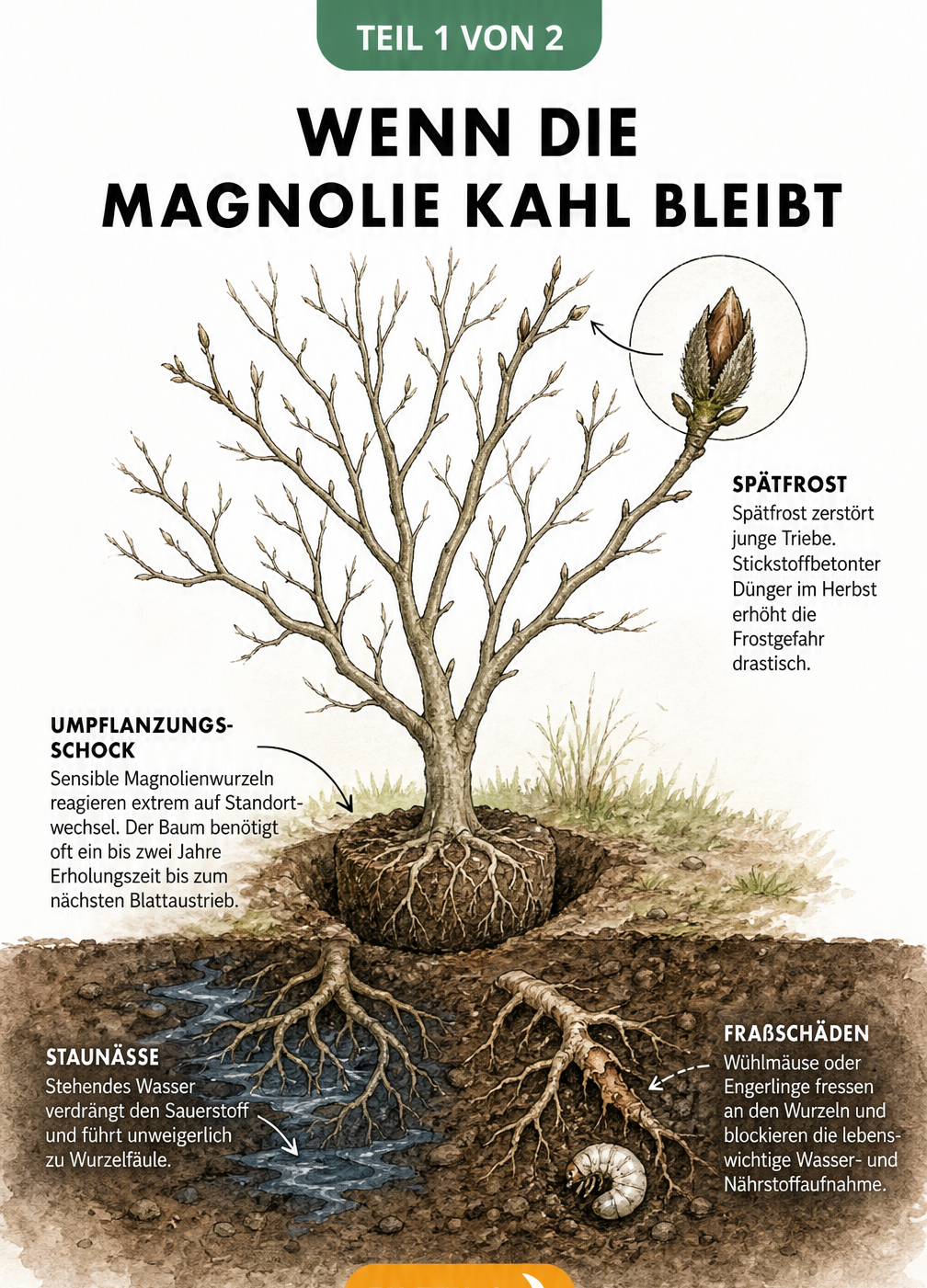 Illustration eines kahlen Magnolienbaums mit Darstellung von Frostschäden, Umpflanzungsschock, Staunässe und Wurzelfraß