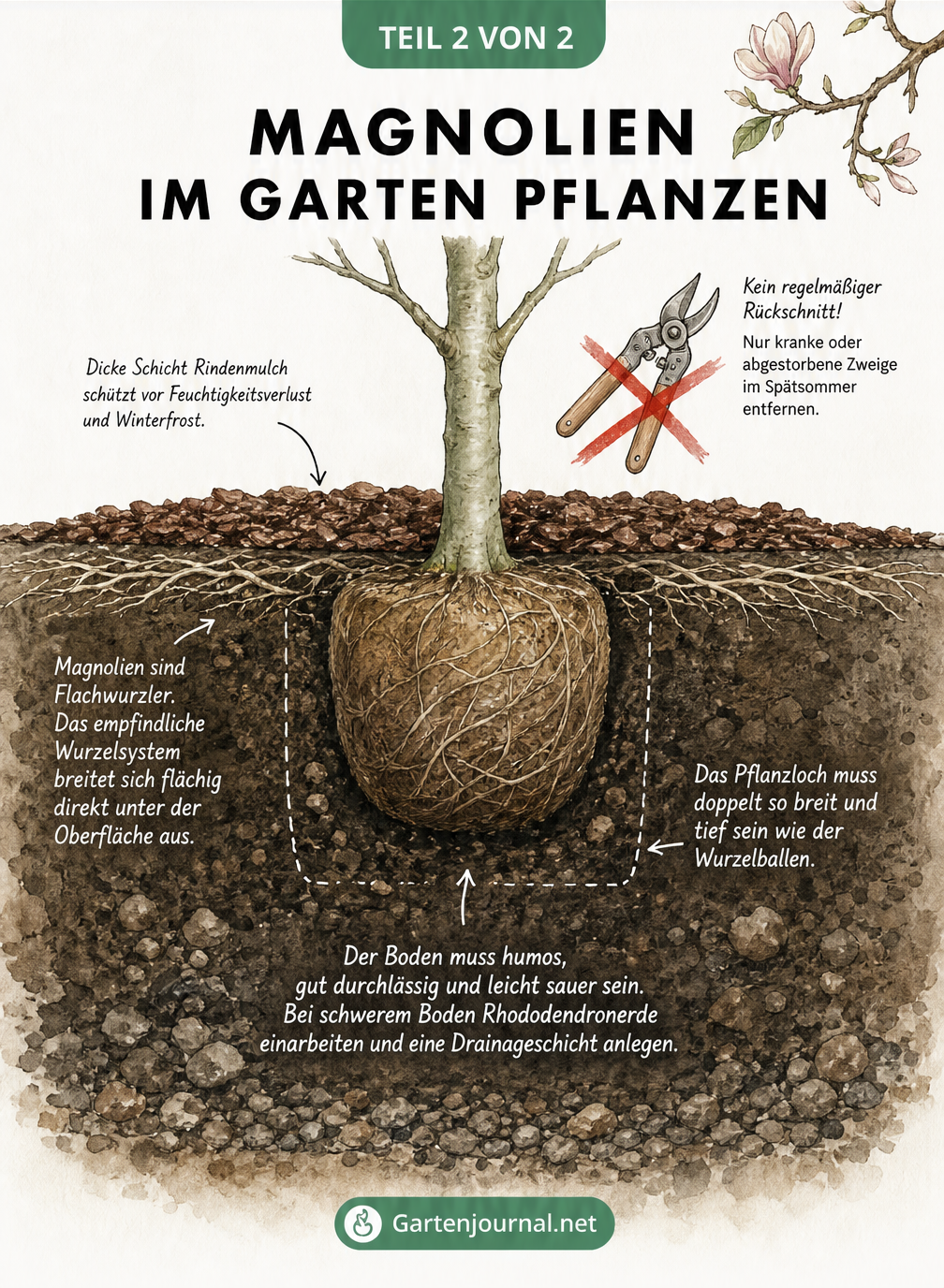 Querschnitt-Zeichnung einer gepflanzten Magnolie mit flachem Wurzelballen, Rindenmulch und Hinweisen zu Boden und Schnitt
