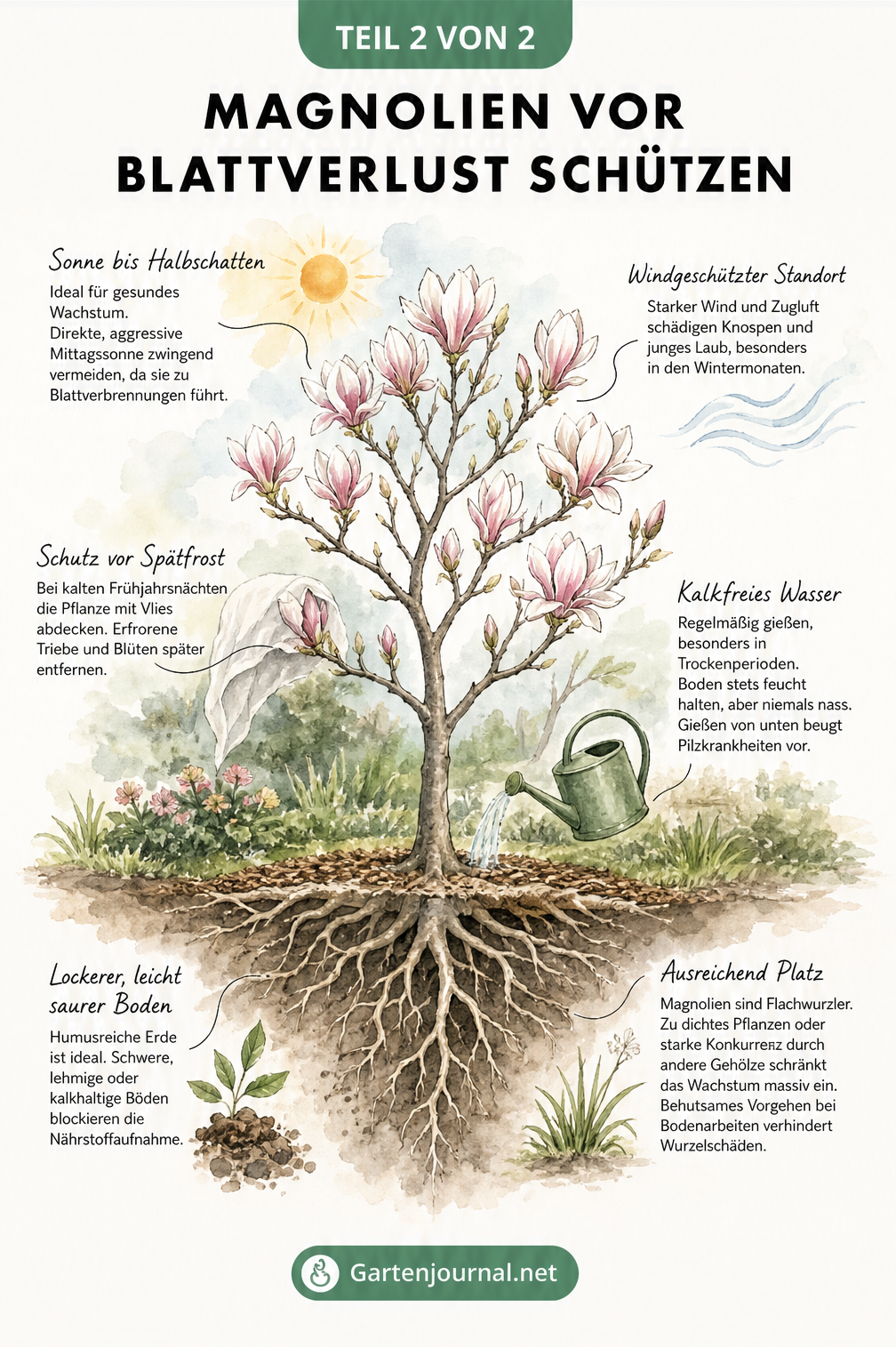 Querschnitt-Illustration einer gesunden Magnolie im Garten, die optimale Standortbedingungen, Bodenbeschaffenheit und Pflegemaßnahmen zeigt.