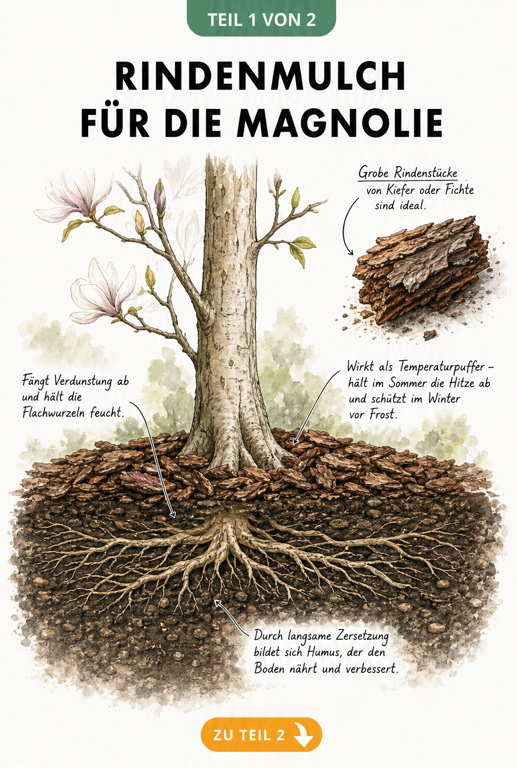 Botanischer Querschnitt einer Magnolie mit Rindenmulch, der die schützende Wirkung auf die flachen Wurzeln zeigt