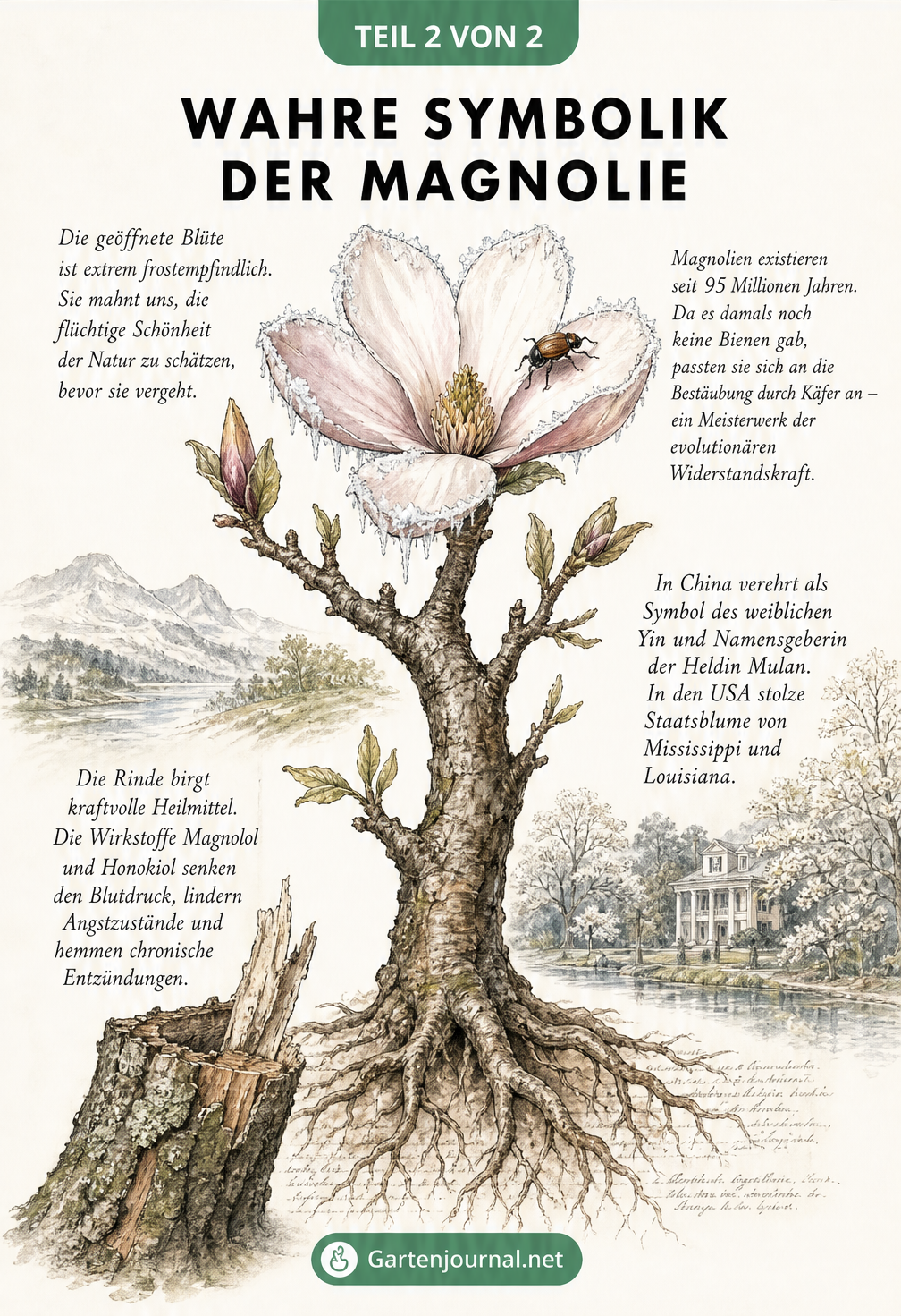 Querschnitt einer Magnolienpflanze von der Wurzel bis zur frostbedeckten Blüte mit Erklärungen zur evolutionären Widerstandskraft und kulturellen Bedeutung.