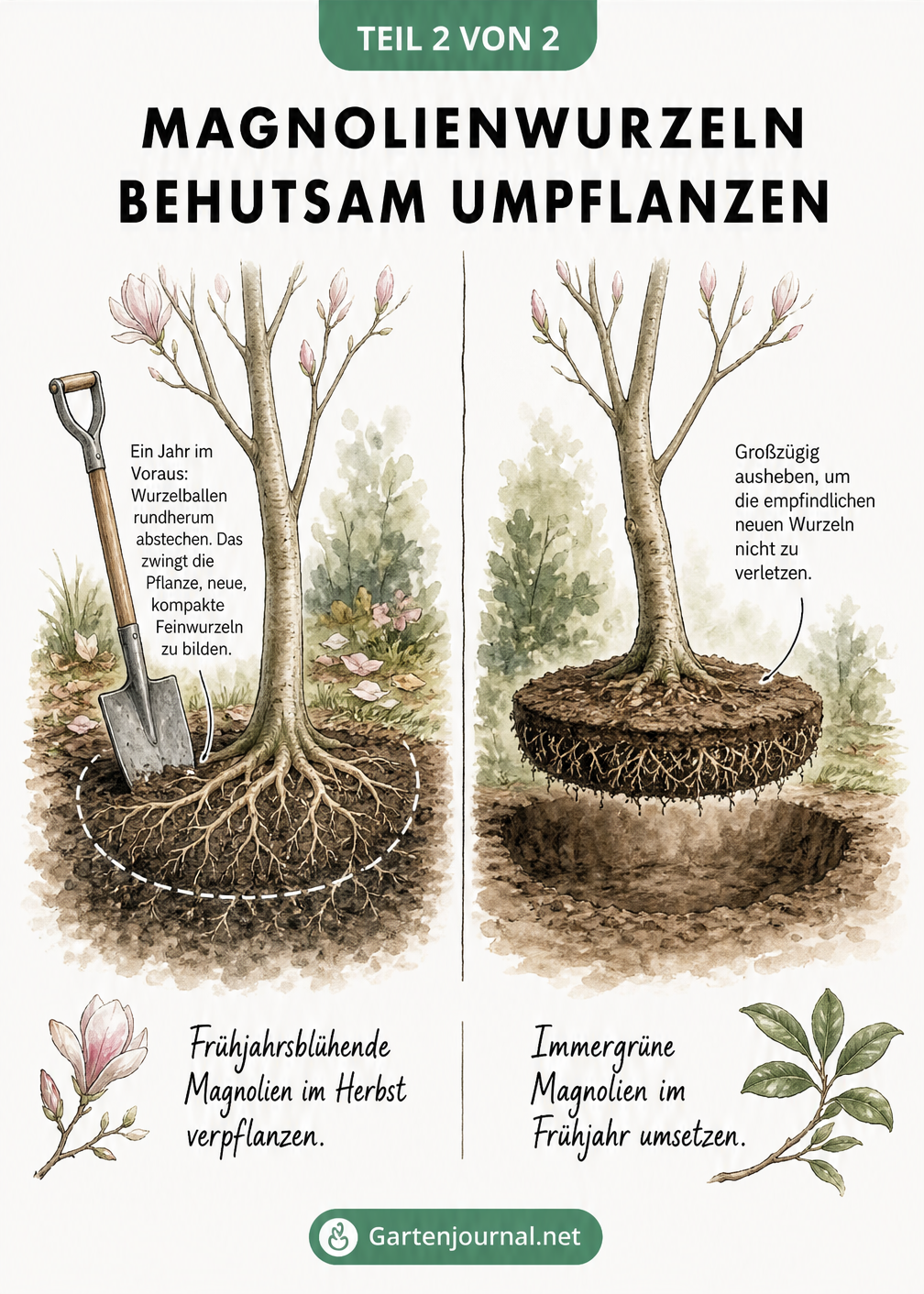 Zweigeteilte Skizze zum Umpflanzen einer Magnolie: Wurzelballen abstechen und mit neuen Feinwurzeln ausheben