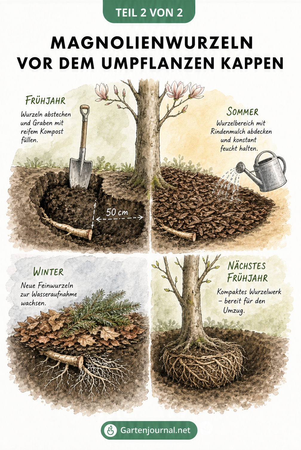 Illustration des einjährigen Vorbereitungsprozesses zum Umpflanzen einer älteren Magnolie in vier Jahreszeiten.