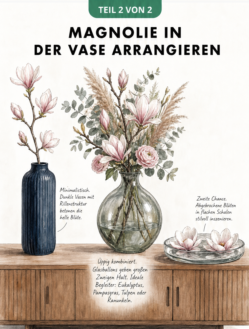 Drei verschiedene Magnolien-Arrangements auf einem Sideboard: minimalistisch in dunkler Vase, üppig im Glasballon und als Schwimmblüten in flacher Schale