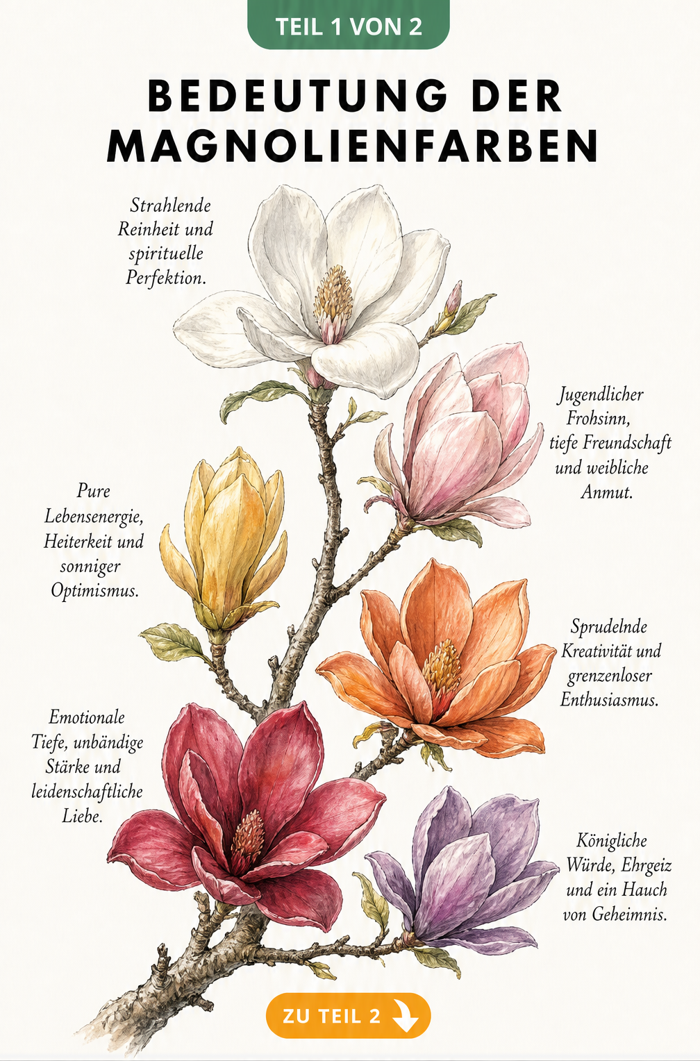 Botanische Illustration eines Magnolienzweigs mit sechs Blüten in verschiedenen Farben und Öffnungsstadien, die ihre jeweilige Bedeutung erklären.