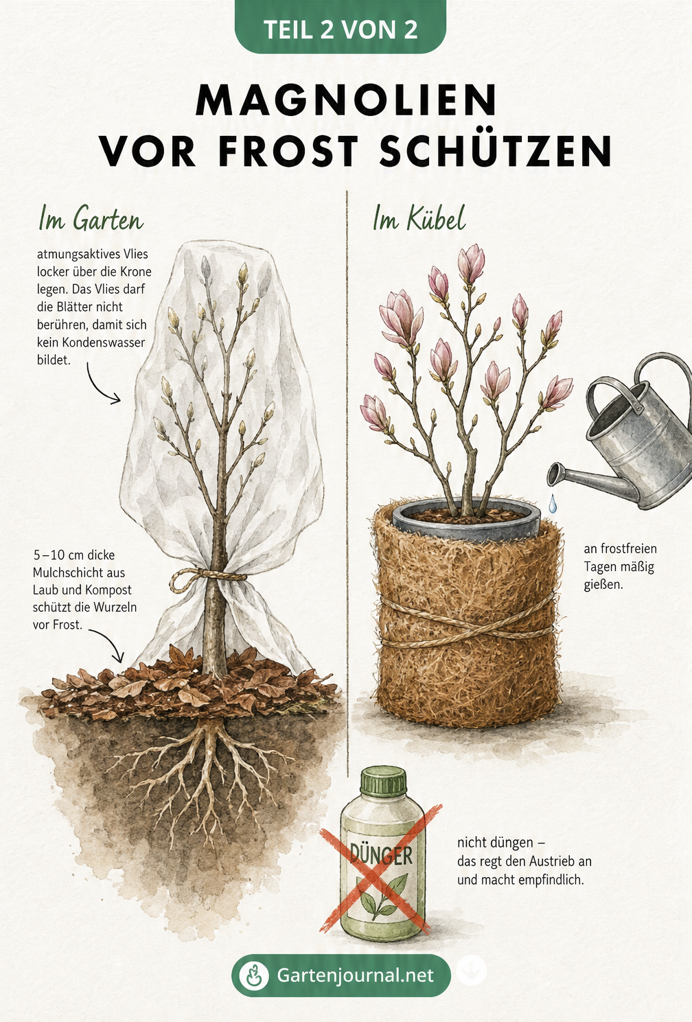 Skizze einer Magnolie im Garten mit Mulchschicht und Vlies sowie einer Magnolie im Kübel mit Kokosmatte