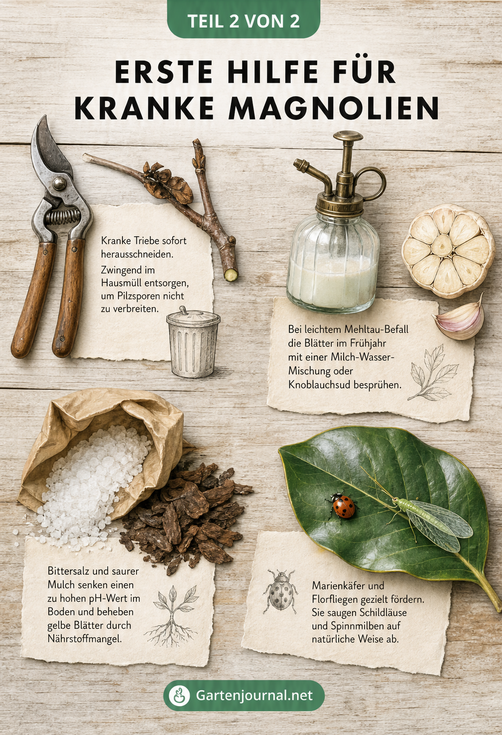 Gartenschere, Sprühflasche, Bittersalz und Marienkäfer auf einem Holztisch