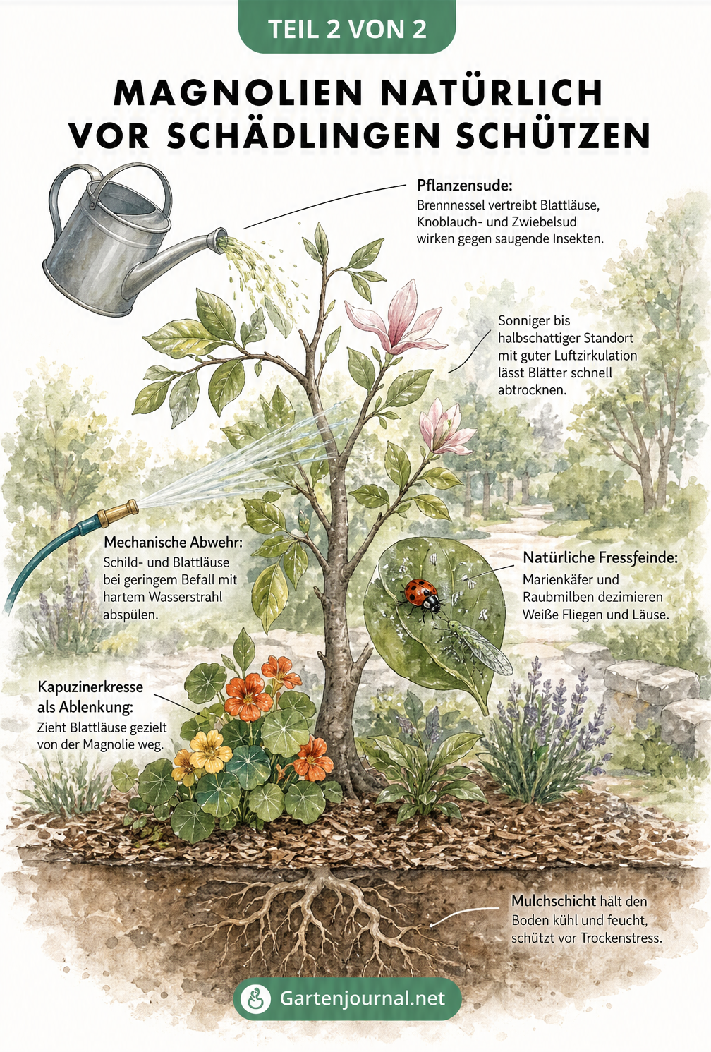 Gartenszene mit einer gesunden Magnolie, die natürliche Abwehrmaßnahmen wie Mulch, Kapuzinerkresse, Nützlinge und Pflanzensude zeigt.