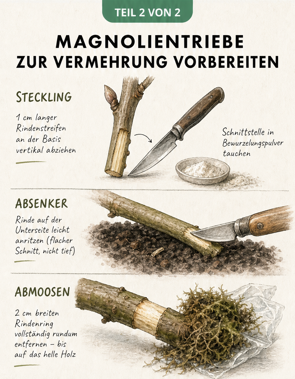 Detaillierte Skizzen der Schnitttechniken für Magnolien-Stecklinge, Absenker und Abmoosen