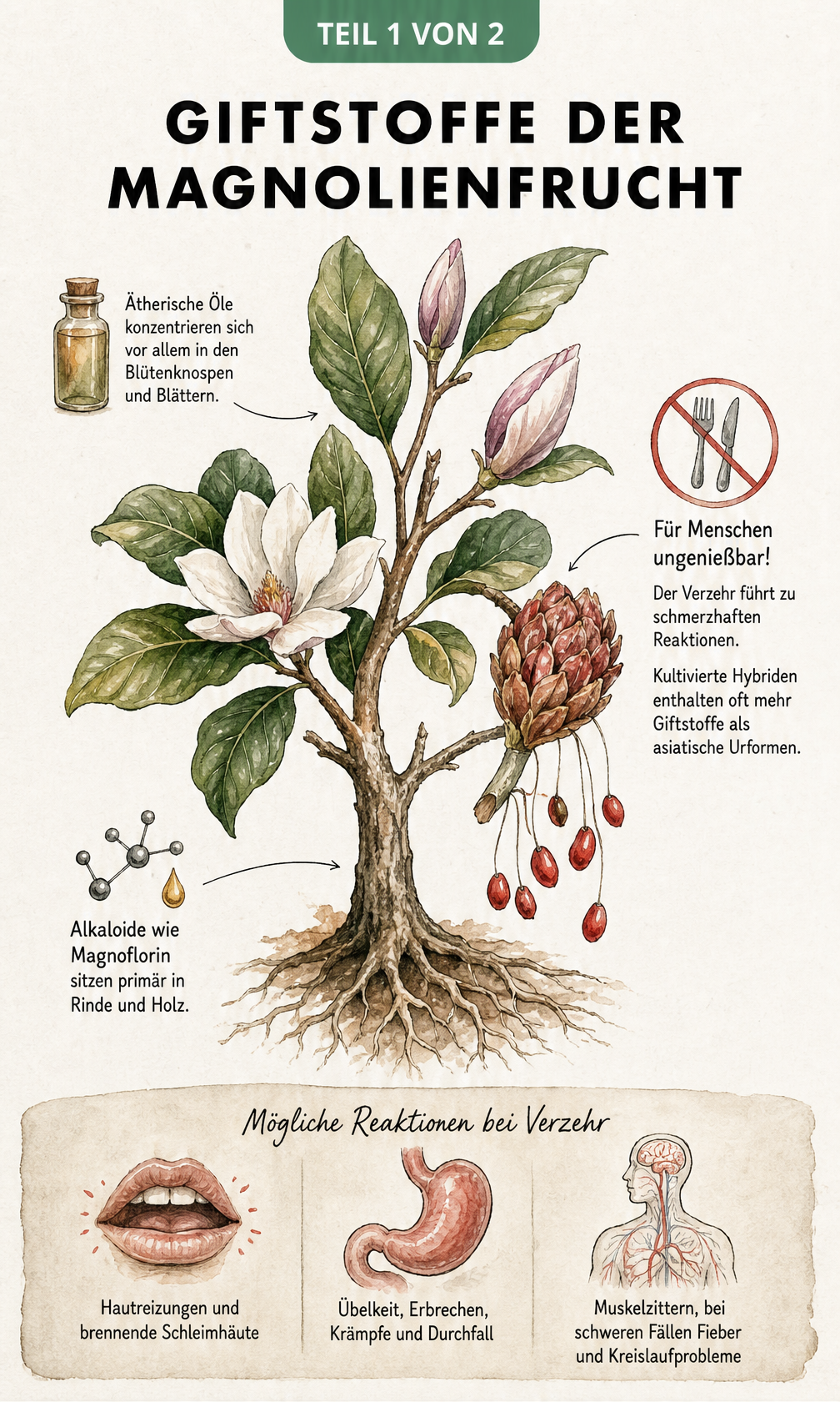 Botanische Lehrtafel der Magnolie mit Fokus auf Giftstoffe in Frucht, Blättern und Rinde sowie Vergiftungssymptomen