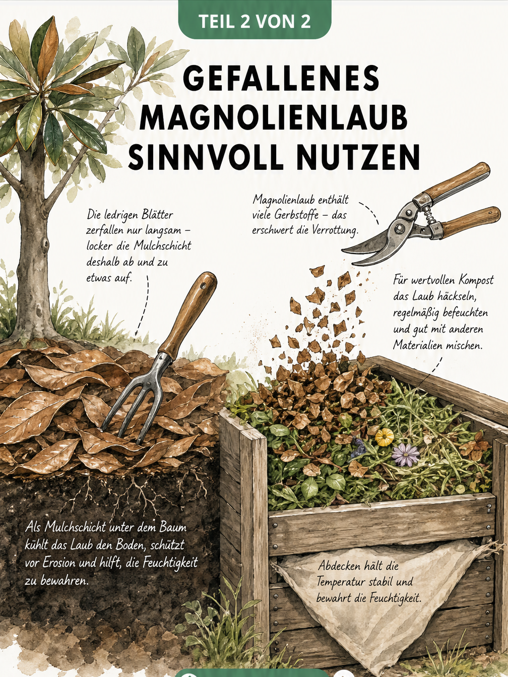 Aquarell-Zeichnung, die Magnolienlaub als Mulchschicht unter einem Baum und zerkleinert in einem Kompostbehälter zeigt.