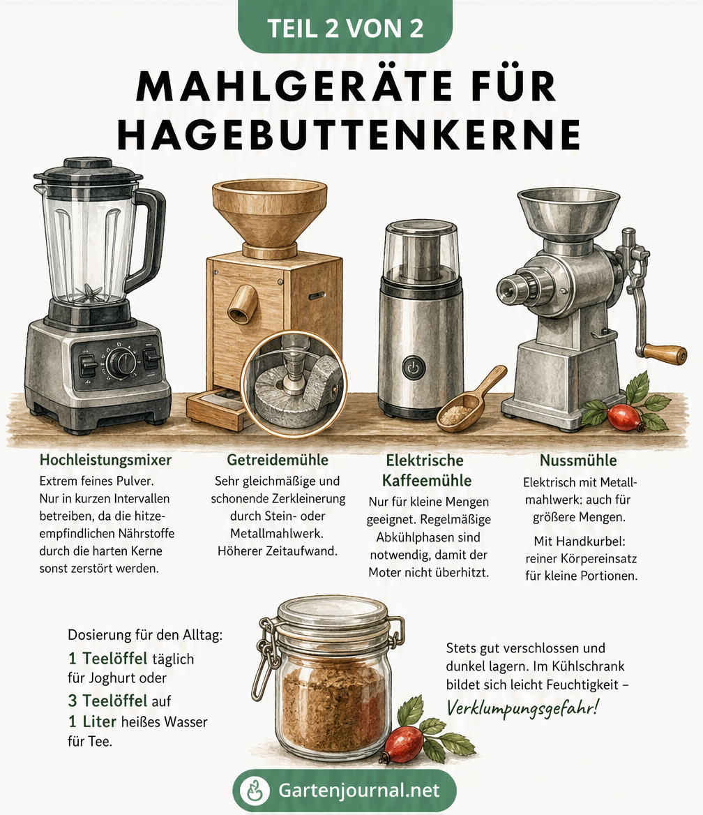 Übersicht verschiedener Mahlgeräte für Hagebuttenkerne wie Hochleistungsmixer, Getreidemühle, Kaffeemühle und Nussmühle
