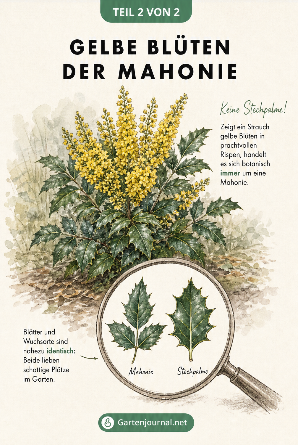 Aquarell-Zeichnung eines blühenden Mahonien-Strauchs mit leuchtend gelben Blüten