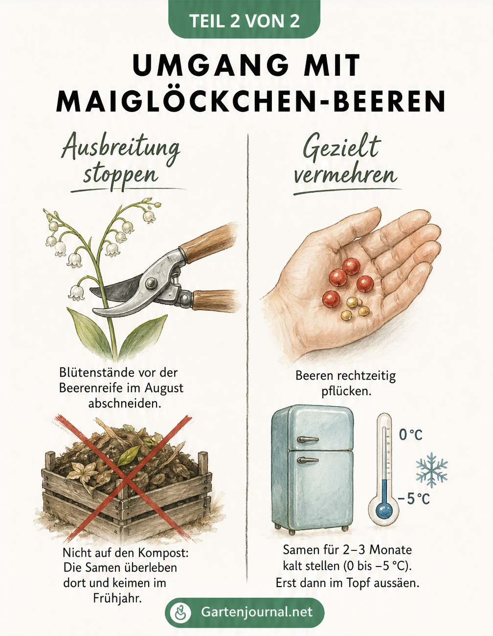 Illustration zum Umgang mit Maiglöckchen-Beeren: Blüten abschneiden oder Samen gezielt vermehren