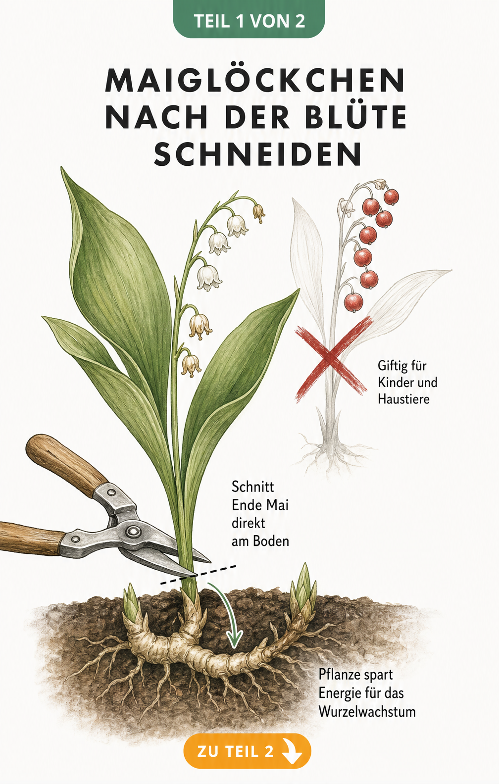 Botanische Illustration eines Maiglöckchens, bei dem der Blütenstiel mit einer Gartenschere am Boden abgeschnitten wird, um Energie für das Wurzelwachstum zu...