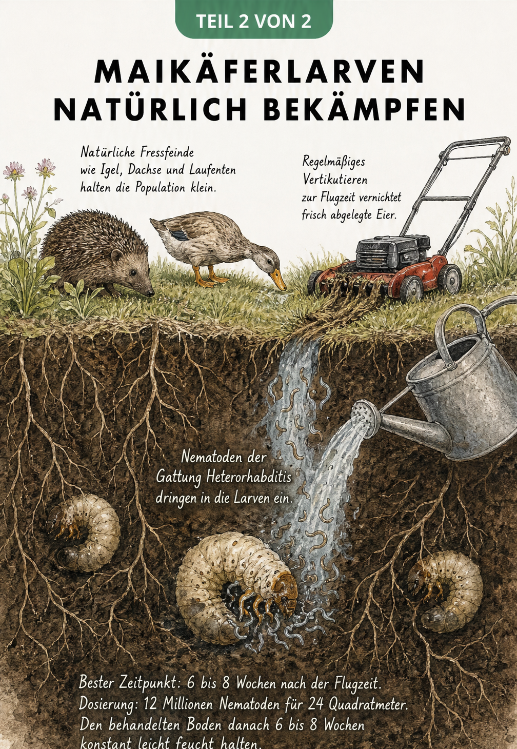Natürliche Bekämpfung von Maikäferlarven durch Igel, Laufenten, Vertikutieren und Nematoden