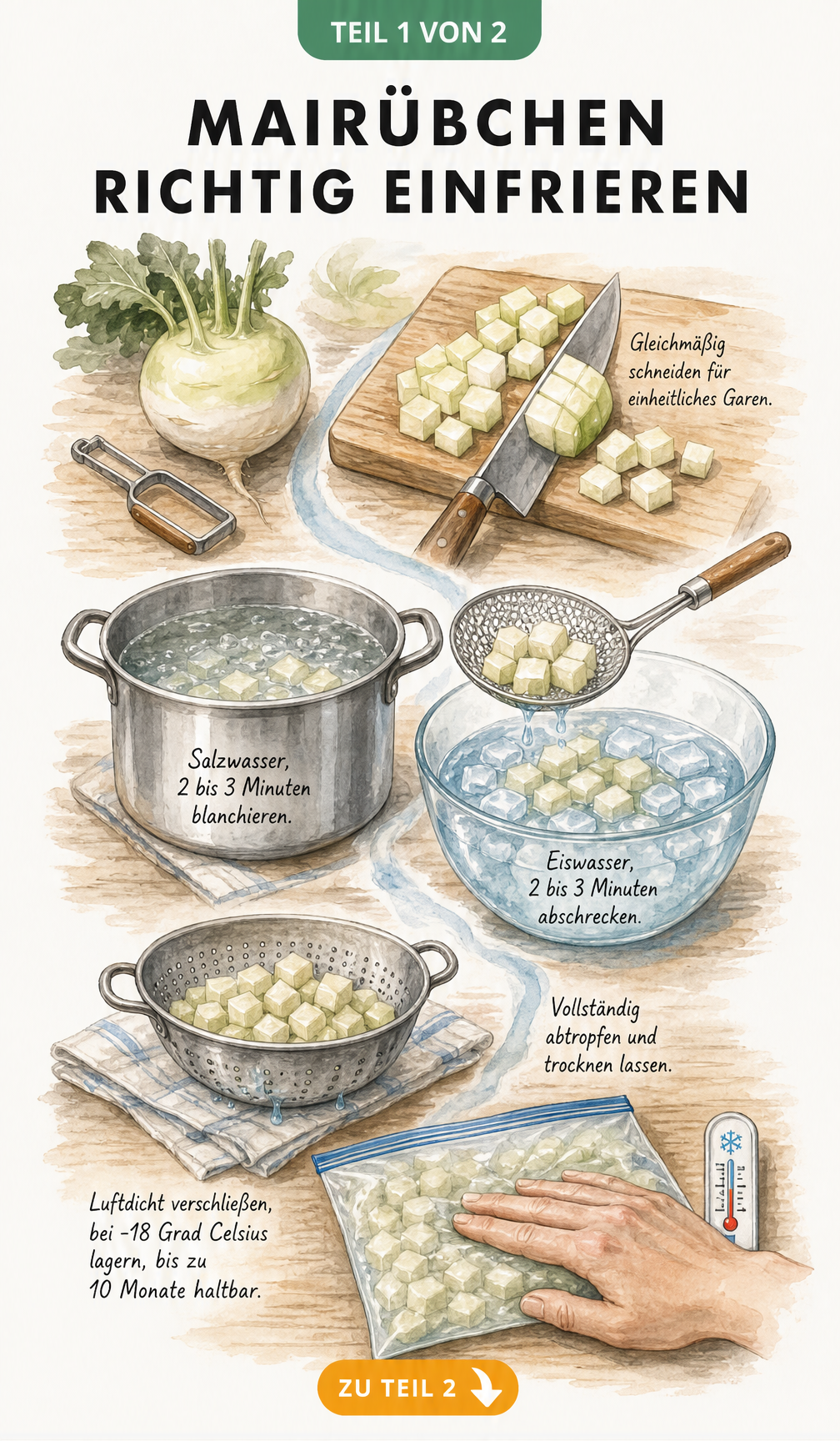 Illustration der Vorbereitung von Mairübchen zum Einfrieren: Schneiden, Blanchieren, Abschrecken und luftdichtes Verpacken.