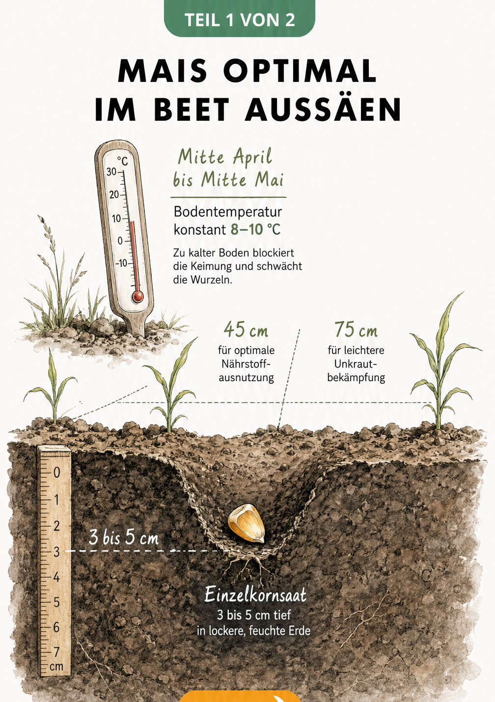 Illustration eines Erdschnitts mit Thermometer, das die optimale Bodentemperatur und Saattiefe für Mais zeigt