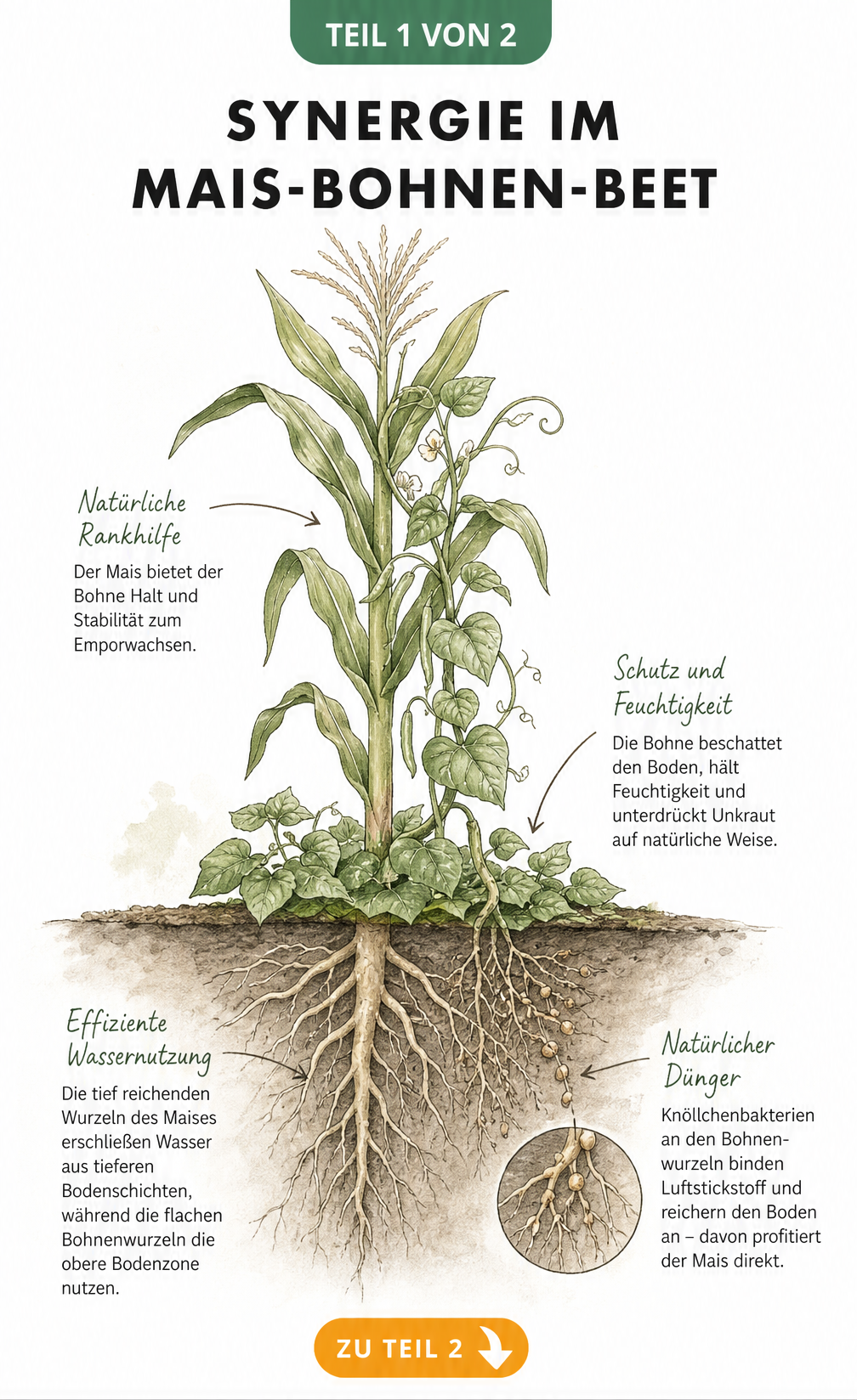 Botanische Querschnitts-Illustration einer Maispflanze mit rankender Stangenbohne und Wurzelwerk