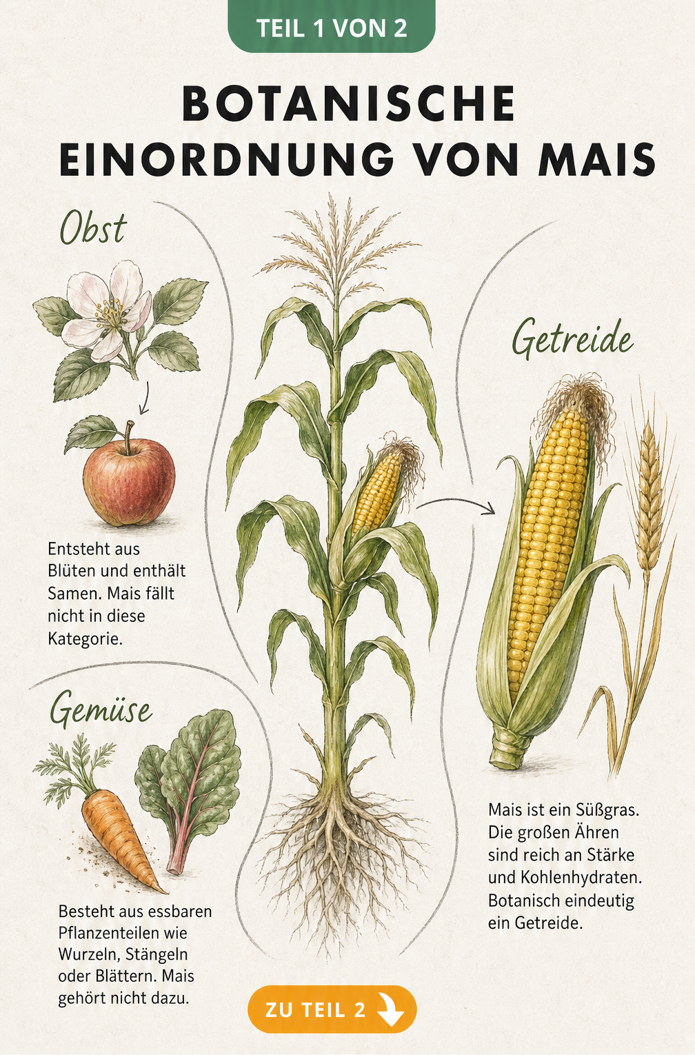 Botanische Illustration einer Maispflanze mit Erklärungen zu Obst, Gemüse und Getreide
