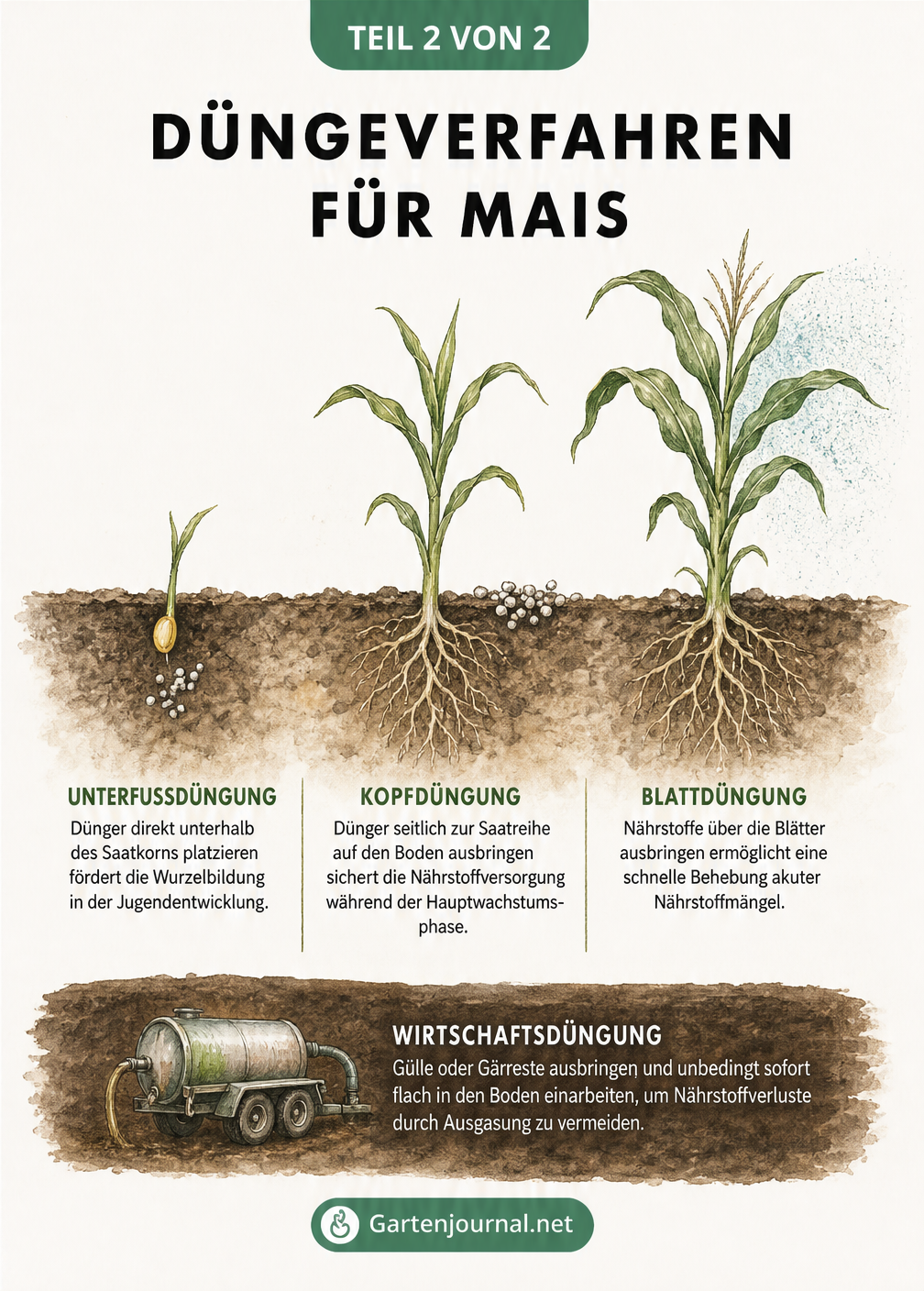 Aquarell-Darstellung der Maisentwicklung mit Unterfußdüngung, Kopfdüngung und Blattdüngung im Erdschnitt