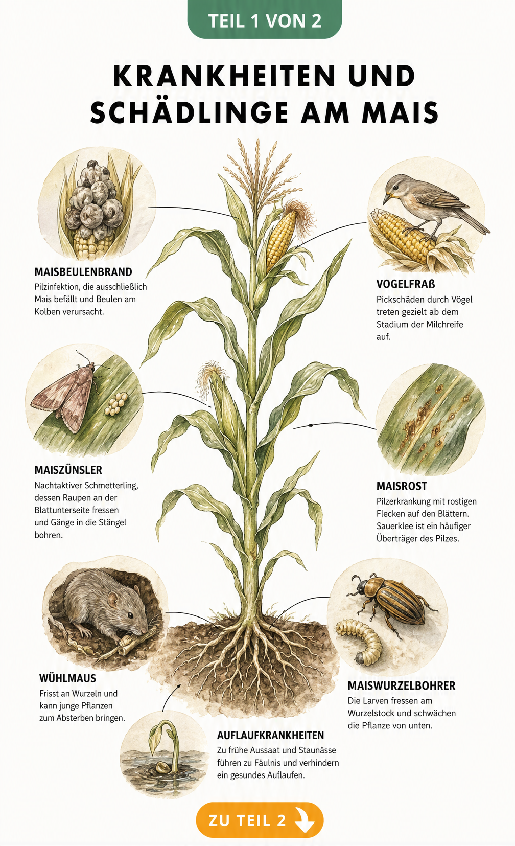 Botanische Illustration einer Maispflanze mit Detailzeichnungen von Maisbeulenbrand, Vogelfraß, Maiszünsler, Maisrost, Wühlmausfraß und Maiswurzelbohrer.