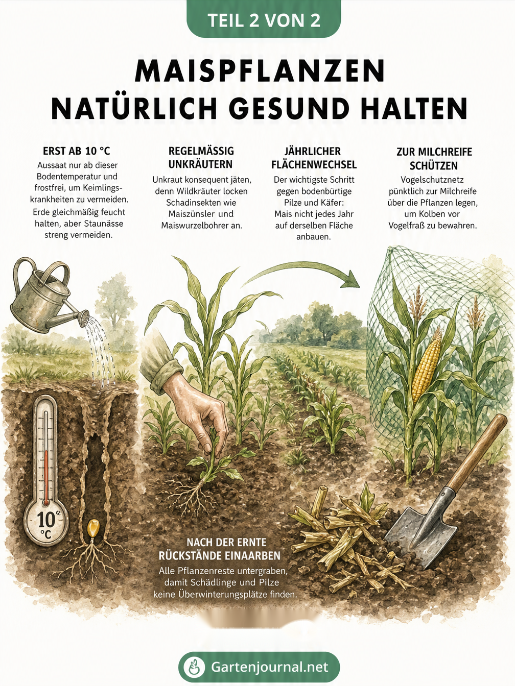 Illustration des Lebenszyklus einer Maispflanze mit Tipps zur Aussaat ab 10 Grad, Unkrautjäten, Fruchtwechsel, Vogelschutznetz und Einarbeiten von...