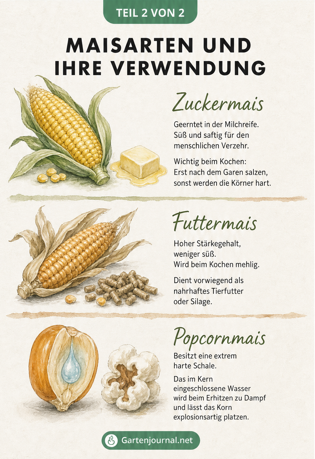 Illustration von Zuckermais, Futtermais und Popcornmais mit Erklärungen