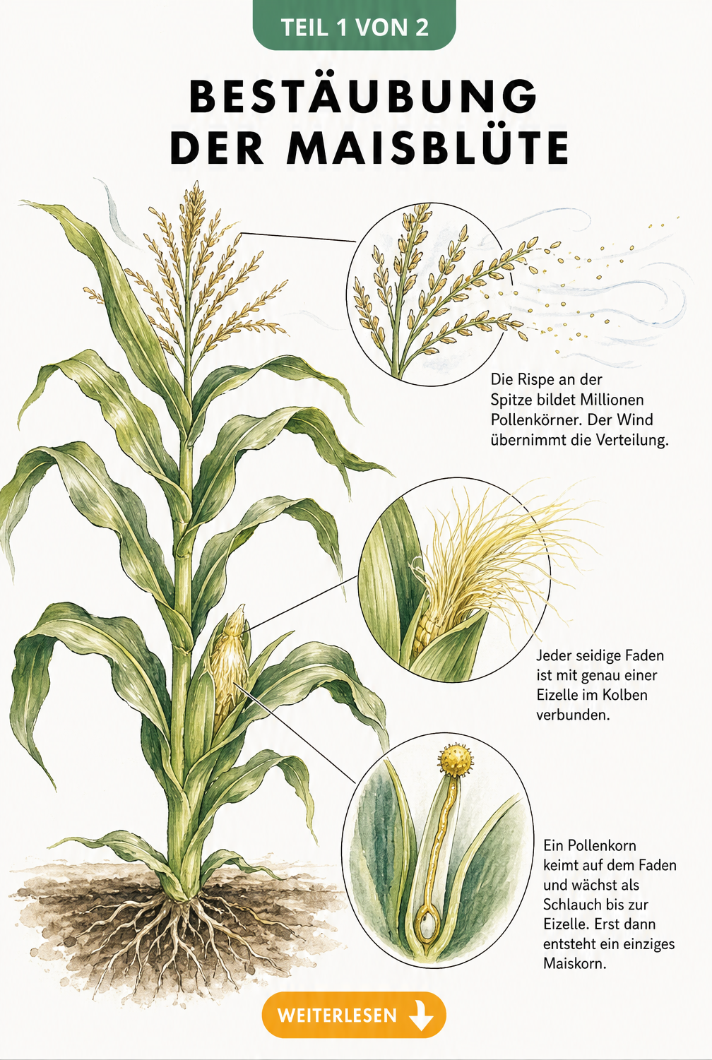 Botanische Illustration einer Maispflanze mit Detailansichten der männlichen Rispe, der weiblichen Narbe und des Befruchtungsprozesses.