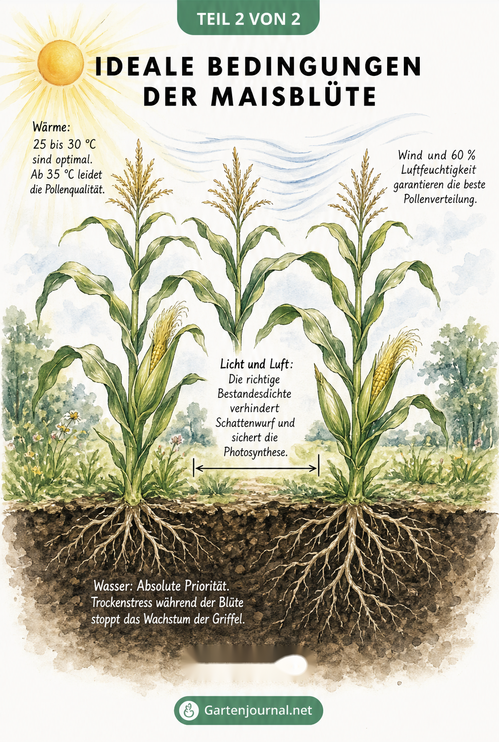 Illustration von drei Maispflanzen im Garten, die ideale Bedingungen wie Temperatur, Wind, Wasser und Pflanzabstand für die Blüte zeigt.