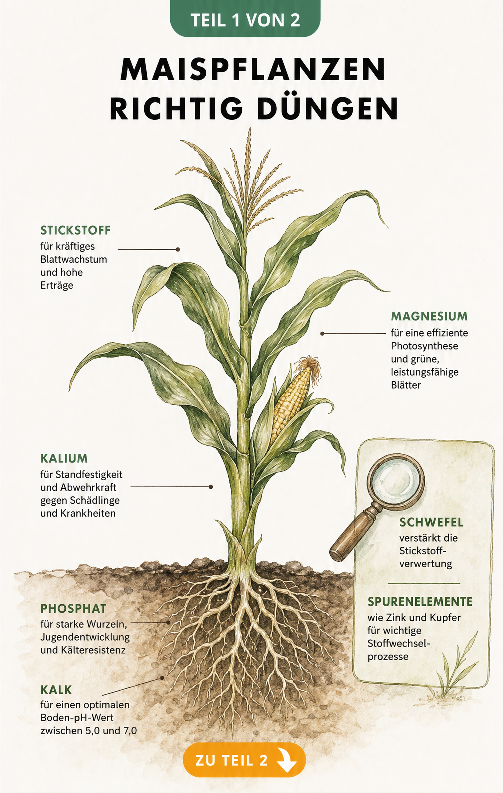 Botanische Illustration einer Maispflanze im Querschnitt mit Nährstoffbedarf an Wurzeln, Stängel und Blättern