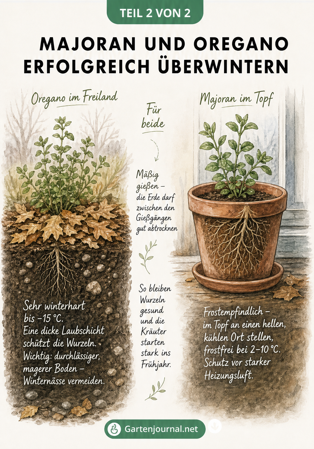Illustration zur Überwinterung von Oregano im Freilandbeet und Majoran im Topf im Innenraum