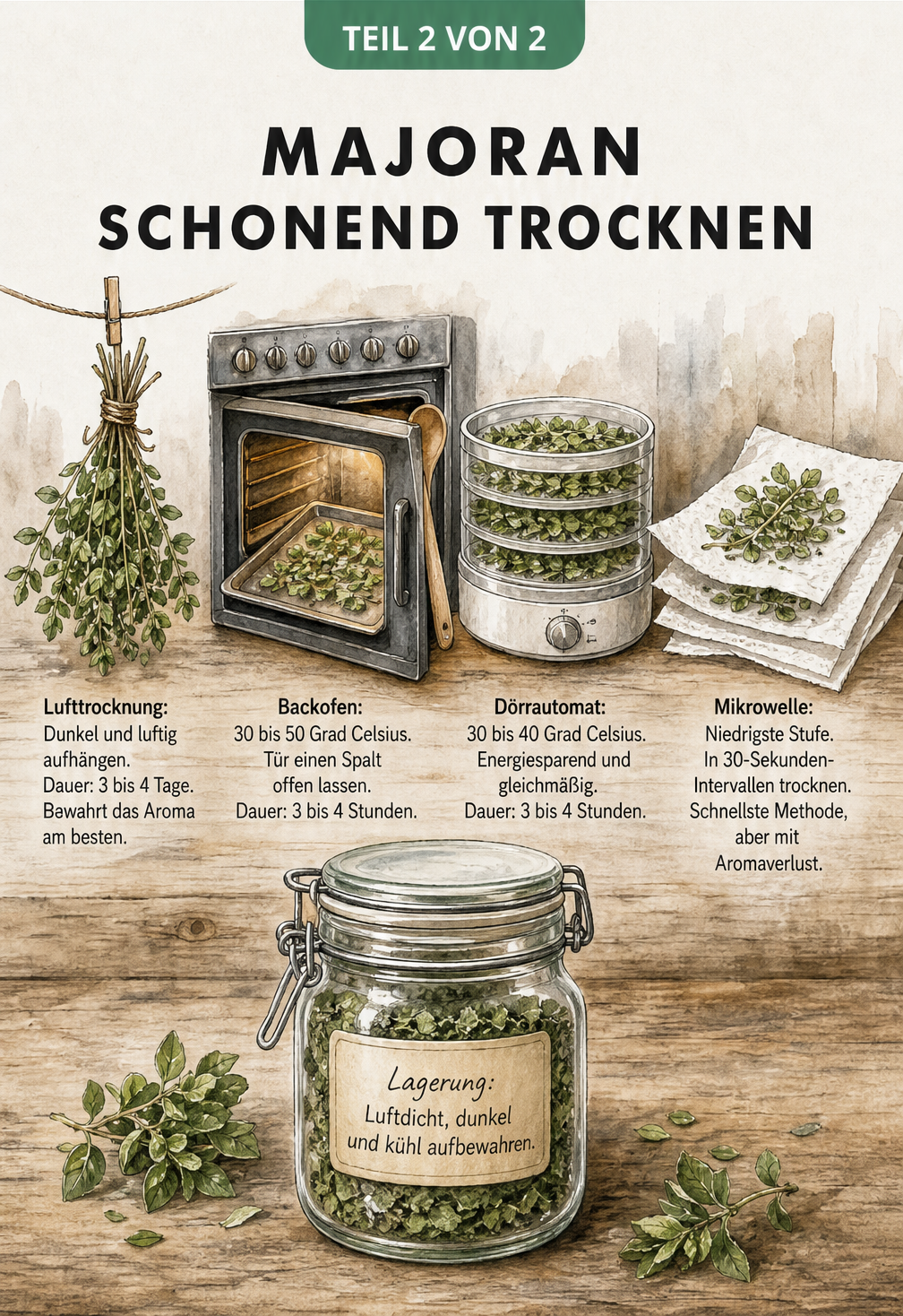 Illustration verschiedener Methoden zum Trocknen von Majoran: Lufttrocknung, Backofen, Dörrautomat und Mikrowelle